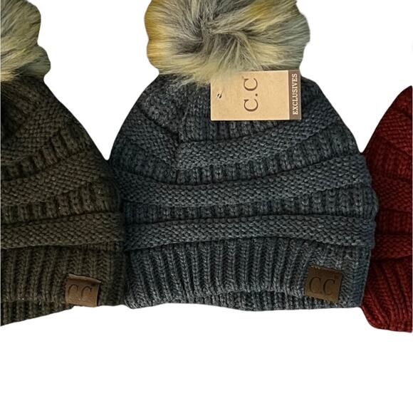 New! Three Adorable Beanies with Faux Fur Pom Poms - Picture 3 of 3